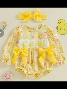 NWOT 0-3 Months Cutest Chick Yellow Baby Girl Romper with Bows